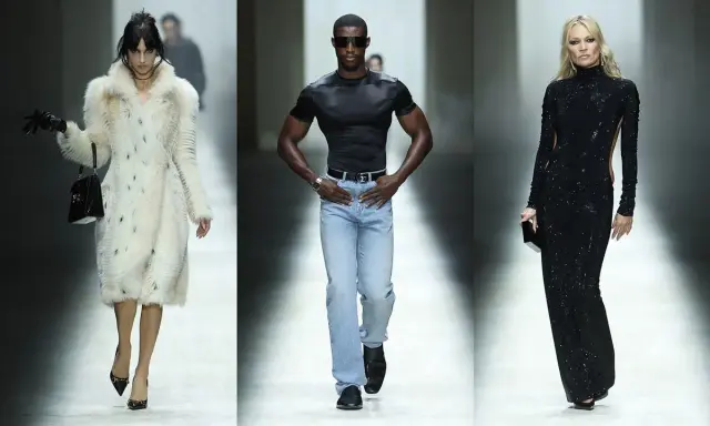 Models präsentieren auf dem Laufsteg Looks von Gucci Designer: eine Frau im Pelzmantel, ein Mann in Jeans und ein Model in einem glitzernden schwarzen Kleid.