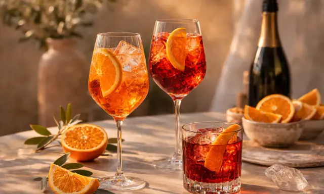 Erfrischende Aperol Spritz und Negroni Cocktails mit Orangenscheiben, Eis und einer Flasche Sekt – die perfekten spritz zutaten der iba.