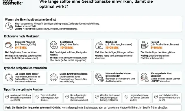 Die ideale Einwirkzeit für Gesichtsmasken liegt meist zwischen 5-20 Min. Je nach Maskentyp variiert die Dauer, um die Haut optimal zu pflegen.