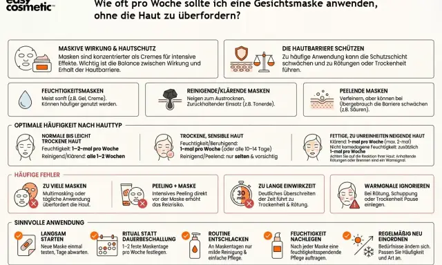 Infografik erklärt, wie oft eine Gesichtsmaske, z.B. eine Joghurtmaske, angewendet werden sollte, um die Haut nicht zu überfordern.