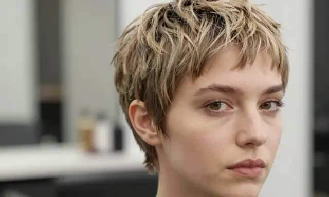 Moderne kurzhaarfrisuren damen: Ein frecher Pixie-Schnitt mit blonden Strähnen und einem lässigen Look.