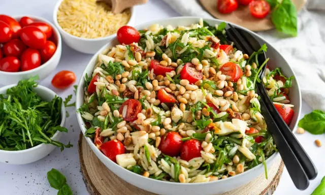 Ein bunter Nudelsalat mit Kirschtomaten, Rucola und Pinienkernen – perfekt für gesunde Sommerrezepte.