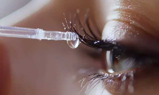 Ein Tropfen Serum auf einer Wimpernapplikator-Bürste, bereit, das Wachstum der Wimpern zu fördern.