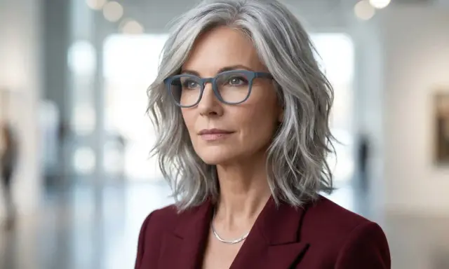Eine Frau mit stufenschnitt frisuren graue haare mittellang trägt eine dunkelrote Jacke und eine Halskette.