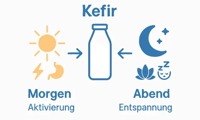 Kefir: Morgen für Aktivierung mit Sonne und Magen-Symbol, Abend zur Entspannung mit Mond, Sternen und Schlaf-Symbol.