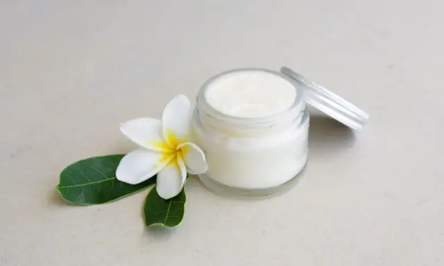 Creme in einem Glas mit einer Blüte und Blättern. Perfekt, um Deo selber machen mit Sheabutter.