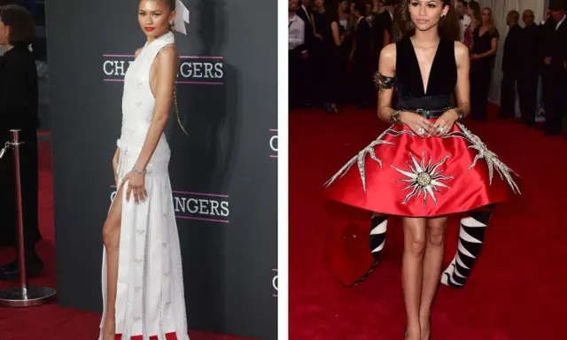 Zendaya in einem weißen Kleid mit Schleifen und einem roten Kleid mit Sonnensymbol. Ein echter Hingucker, wie ein **law roach** auf dem roten Teppich.