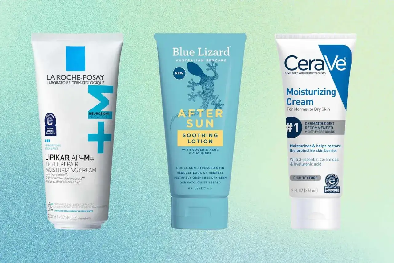 Drei After-Sun-Produkte: La Roche-Posay Lipikar, Blue Lizard After Sun und CeraVe Moisturizing Cream. Ideale hausmittel bei sonnenbrand.