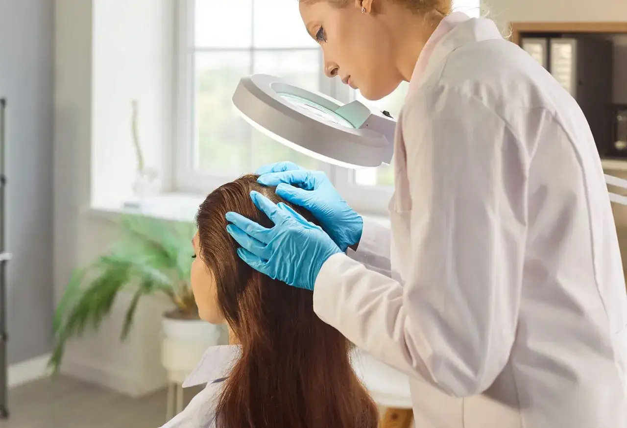 &Auml;rztin untersucht Kopfhaut mit Lupe. Sie sucht nach Ursachen f&uuml;r Haarausfall und &uuml;berlegt, was tun gegen Haarausfall.