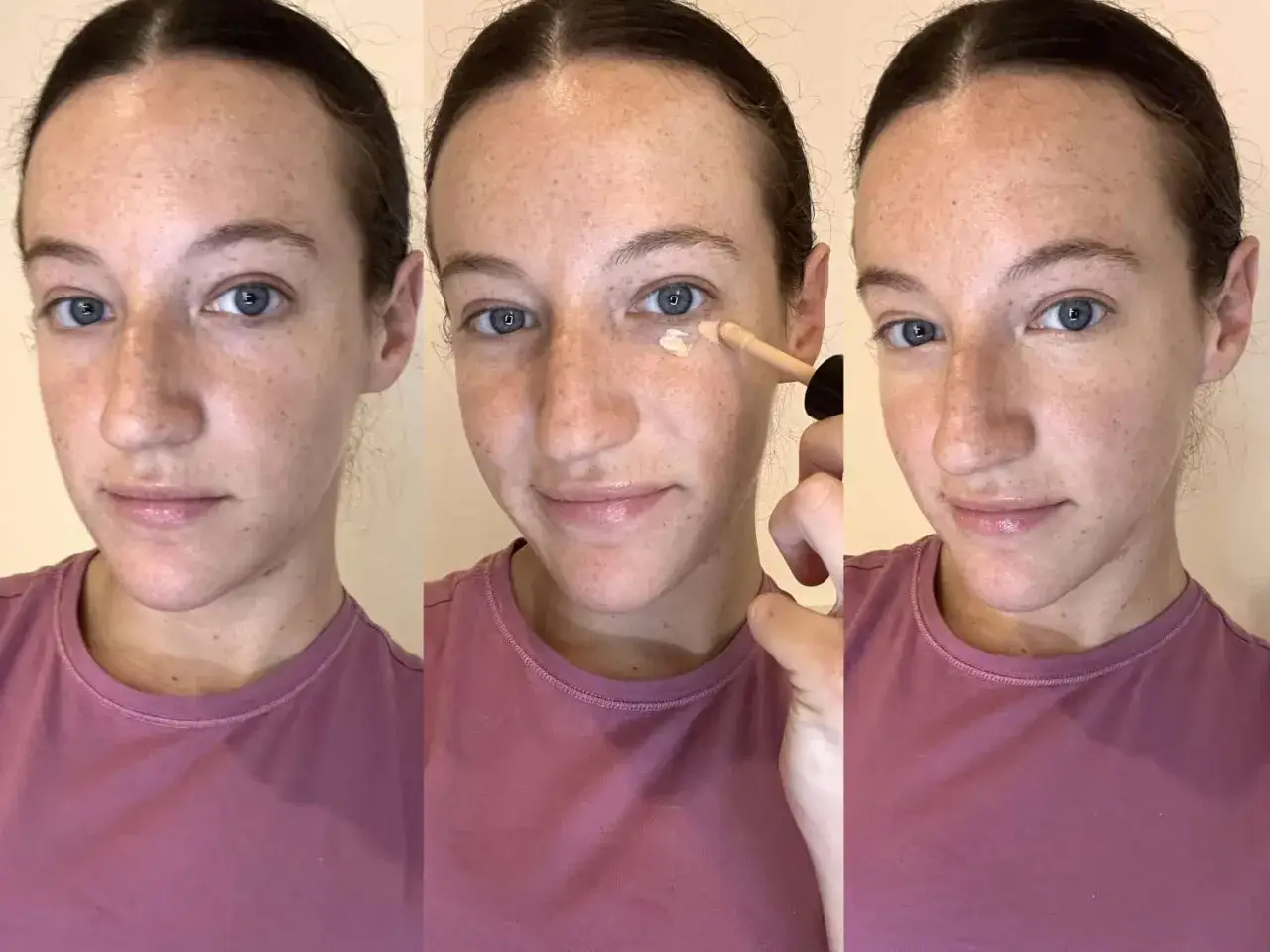 Drei Bilder einer Frau: links ohne Make-up, Mitte beim Auftragen von Concealer, rechts mit fertig aufgetragenem Concealer, der sich nicht absetzt.