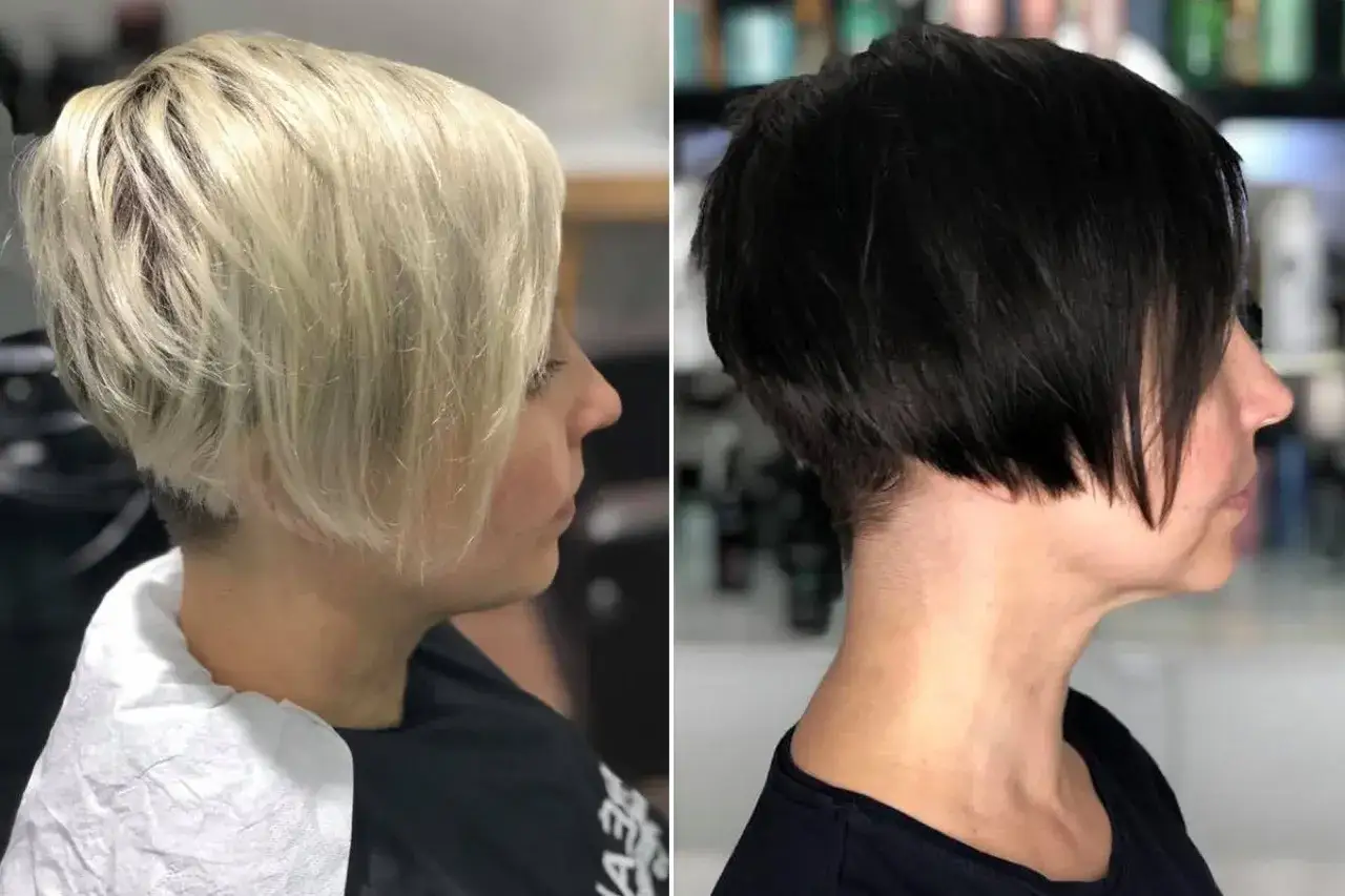 Zwei Damen mit modernen kurzhaarfrisuren: eine mit blondem, die andere mit schwarzem Haar.