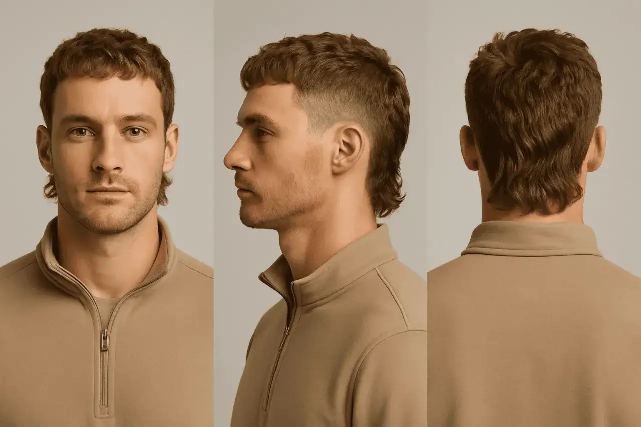 Mann mit kurzem Mullet-Haarschnitt, von vorne, Seite und hinten gezeigt.