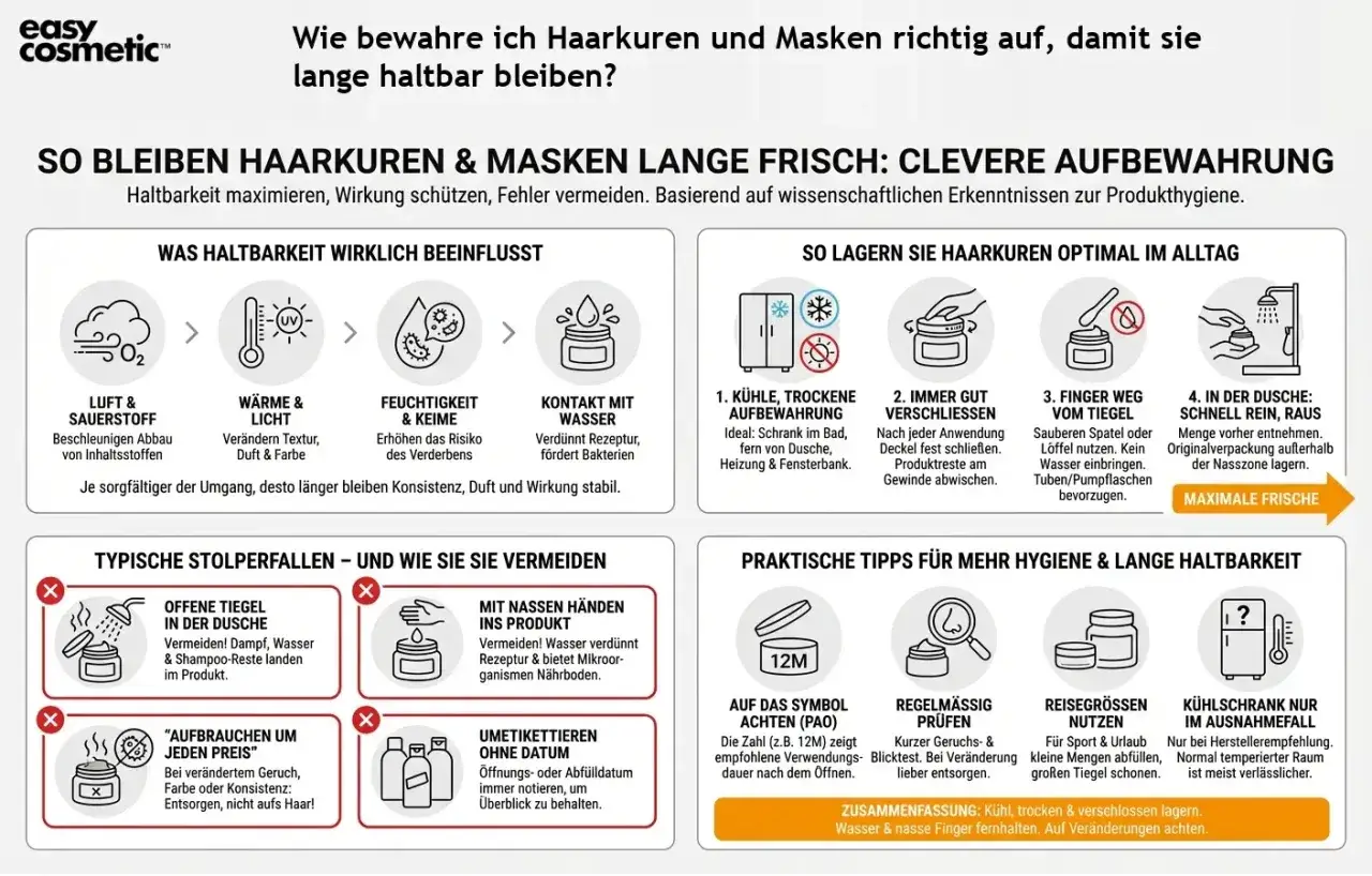 Tipps zur Haltbarkeit von Shampoo: K&uuml;hl, trocken und gut verschlossen lagern. Vermeide Feuchtigkeit und direkten Wasserkontakt, um die Frische zu maximieren.