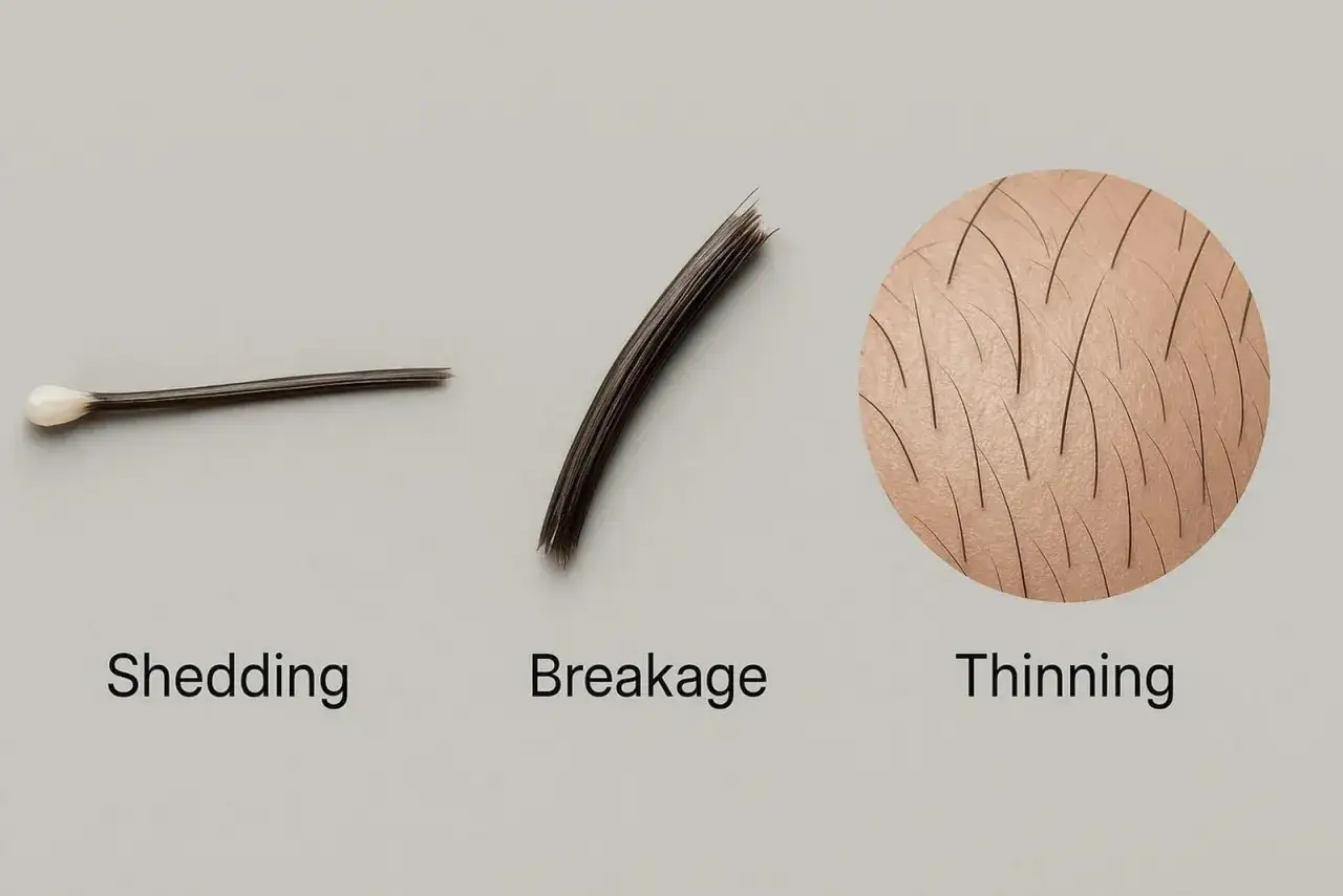 Haare wachsen nicht: ein Haar mit Wurzel (Shedding), ein abgebrochenes Haar (Breakage) und eine vergr&ouml;&szlig;erte Ansicht von d&uuml;nner werdendem Haar (Thinning).