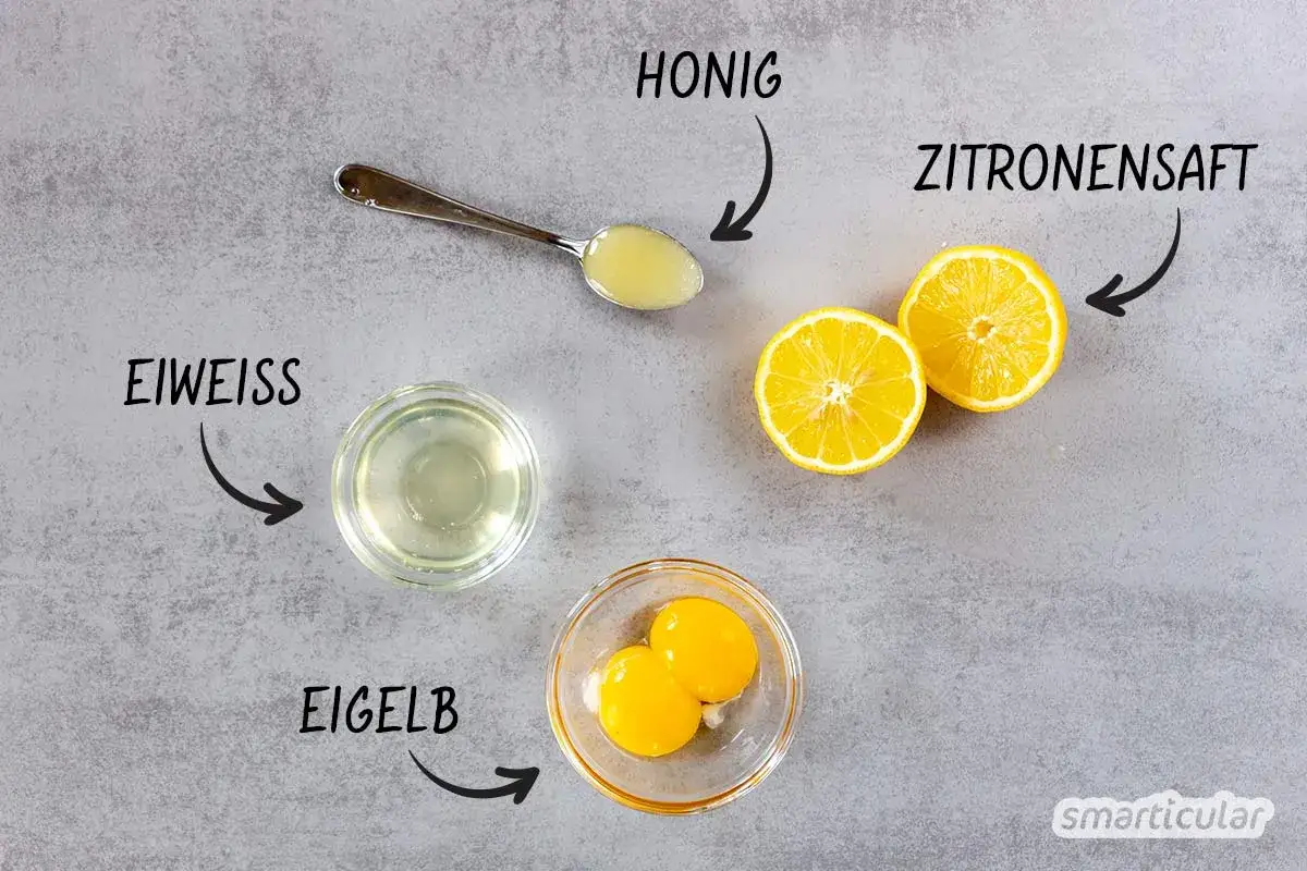 Zutaten f&uuml;r eine Haarkur selber machen: Eiwei&szlig;, Eigelb, Honig und Zitronensaft.