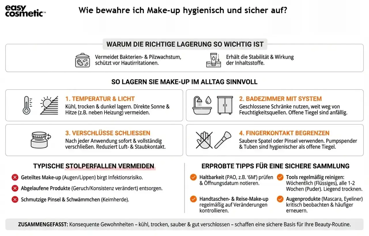So lagern Sie Make-up hygienisch: k&uuml;hl, trocken, dunkel. Achten Sie auf die Haltbarkeit, z.B. wie lange ist Mascara haltbar (PAO '6M'), und erneuern Sie Augenprodukte h&auml;ufiger.