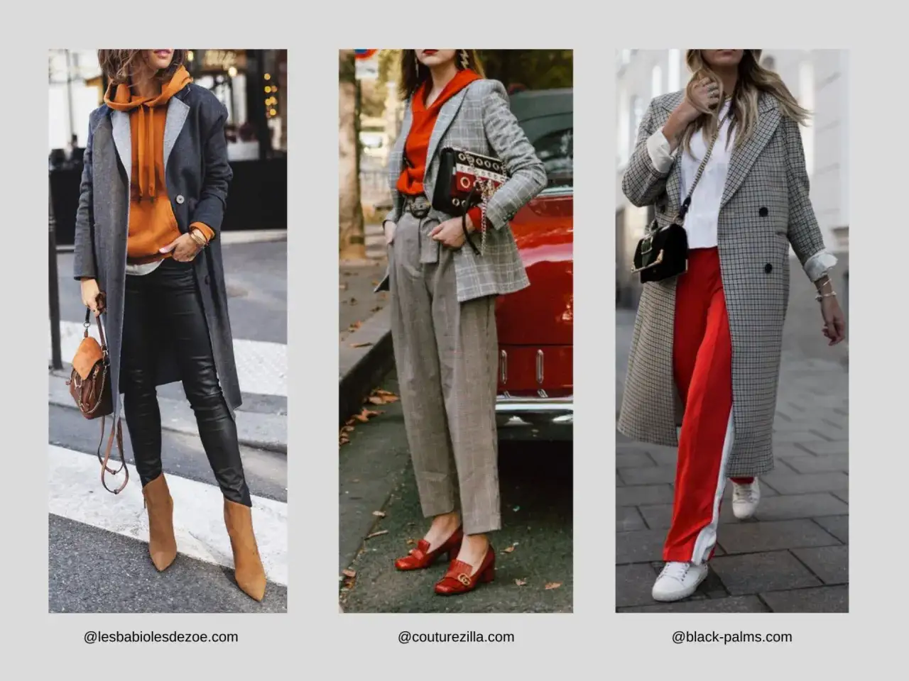 Drei Frauen zeigen l&auml;ssige Outfits: Mantel mit Hoodie, karierter Blazer mit Hose, karierter Mantel mit roten Hosen. Inspirierender dresscode frauen.