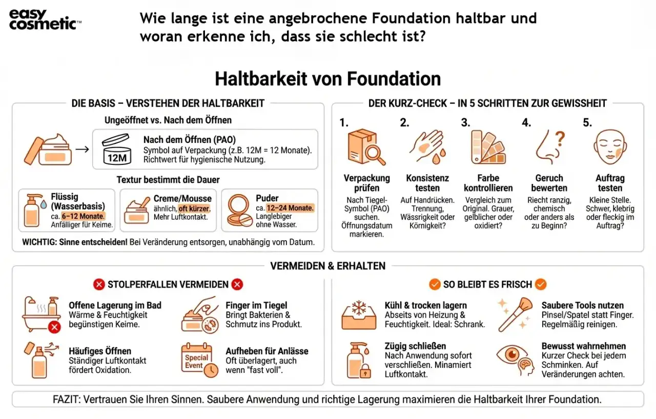 Wie lange ist Foundation haltbar? Fl&uuml;ssig ca. 6-12 Monate, Creme/Mousse oft k&uuml;rzer, Puder 12-24 Monate. Kurz-Check: Verpackung, Konsistenz, Farbe, Geruch, Auftrag.