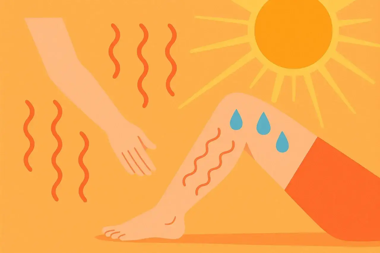 Hei&szlig;e Sonne, Arme und Beine schwitzen. Hitze, Wassereinlagerungen im Bauch sind unangenehm.