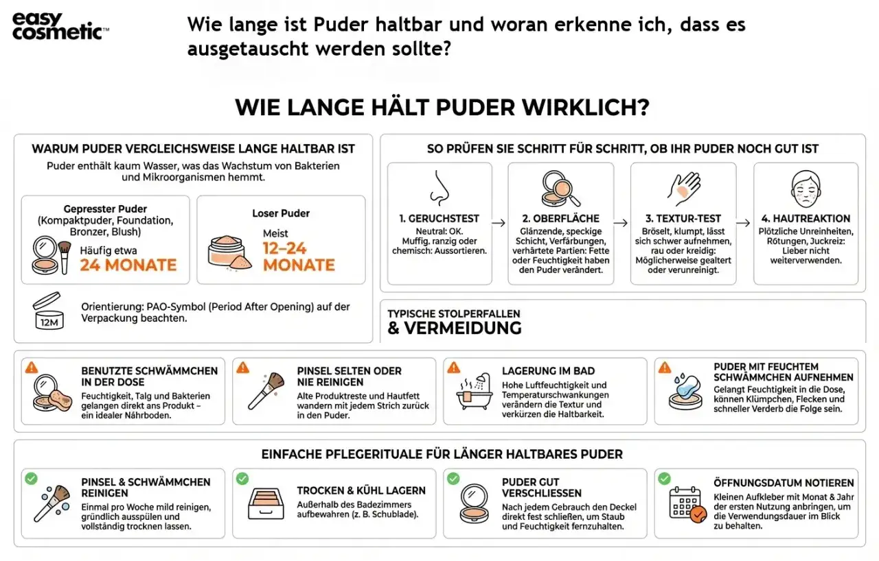 Gepresstes Puder h&auml;lt ca. 24 Monate, loses Puder 12-24 Monate. So erkennst du, wie lange ist Puder haltbar: Geruch, Oberfl&auml;che, Textur und Hautreaktion pr&uuml;fen.