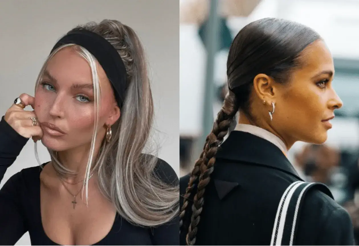 Zwei Frauen mit eleganten Frisuren. Eine tr&auml;gt einen schwarzen Haarreif, die andere einen straffen Zopf. Perfekt f&uuml;r fettige Haare.