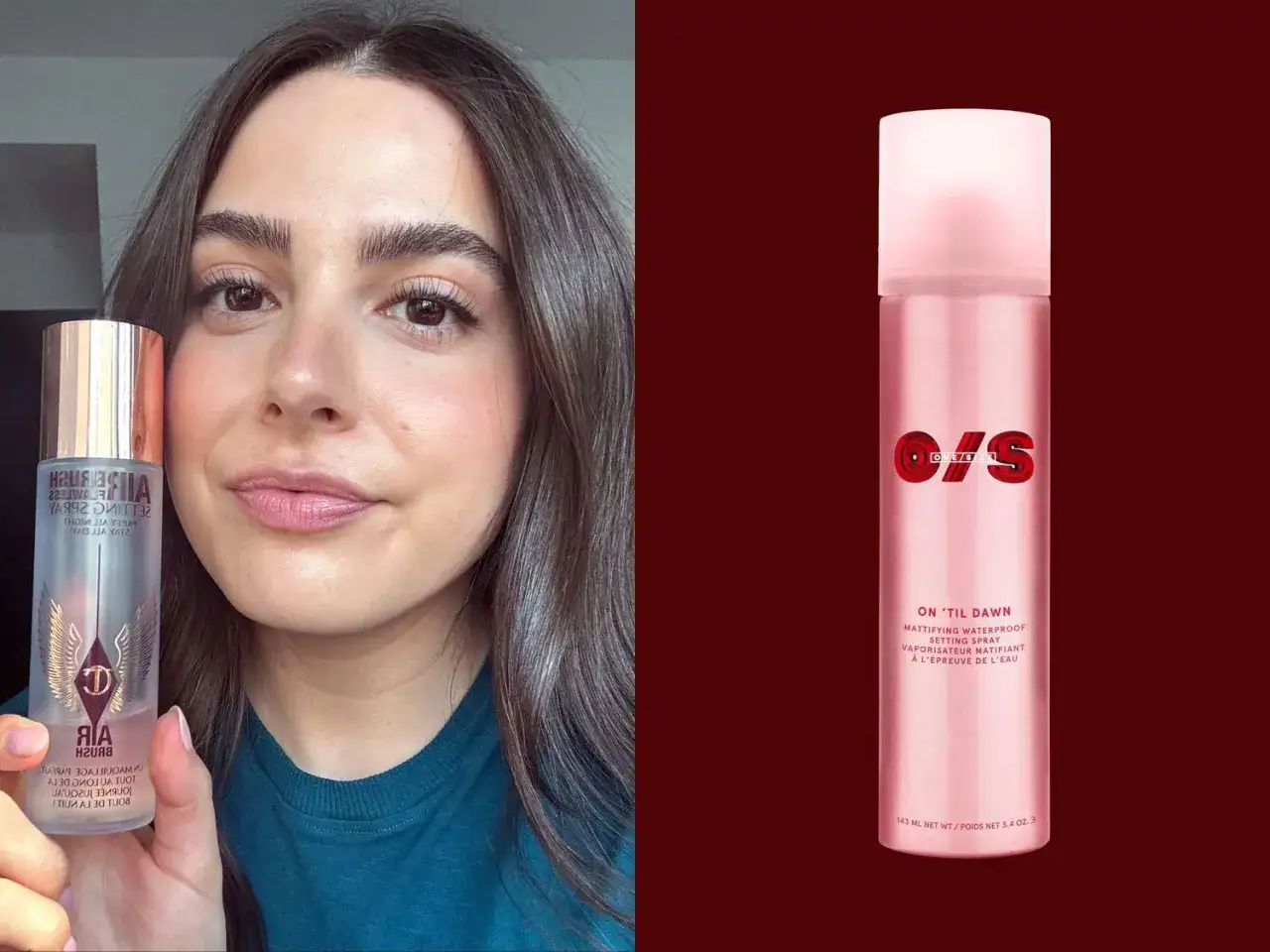 Frau h&auml;lt ein Setting Spray, um ihr Make-up aufzufrischen. Daneben ein weiterer Spr&uuml;hflakon.