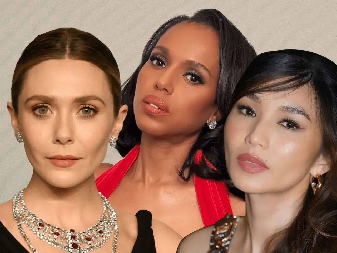Drei Frauen mit stilvollem Augenlider schminken: Elizabeth Olsen, Kerry Washington und Gemma Chan.