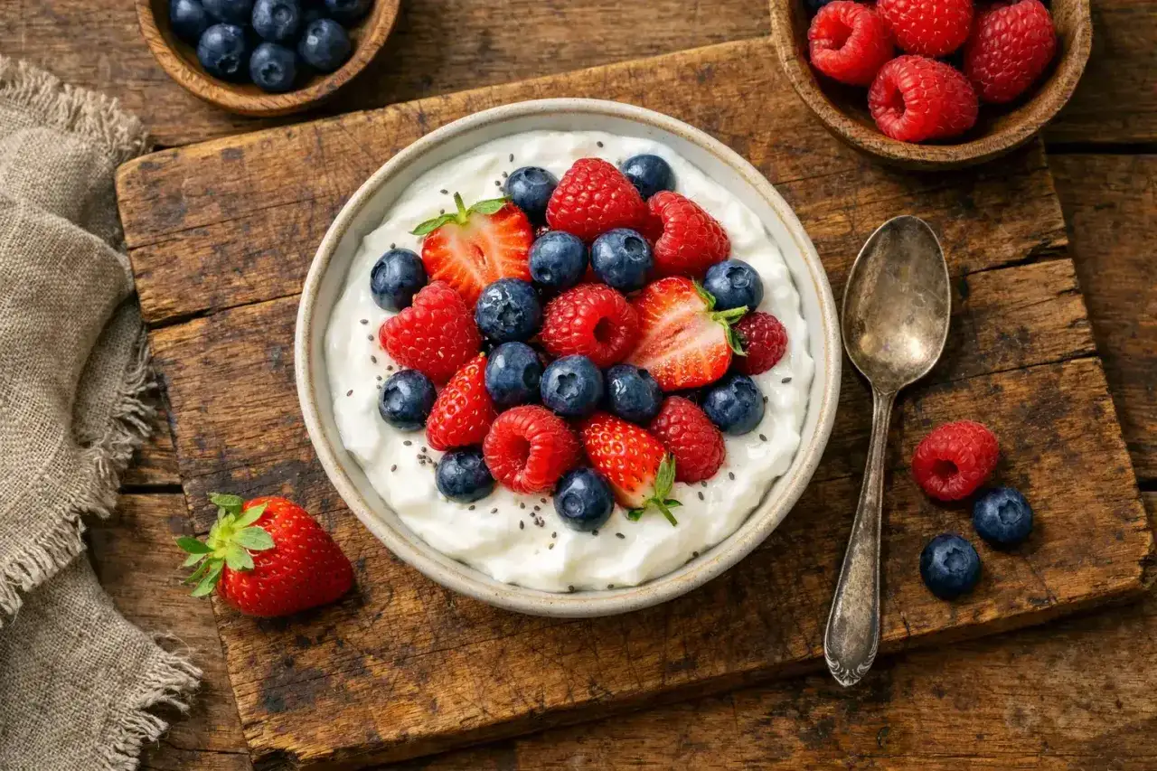 Schüssel mit cremigem Skyr, garniert mit frischen Erdbeeren, Blaubeeren und Himbeeren. Perfekt für eine gesunde Mahlzeit zum Abnehmen.