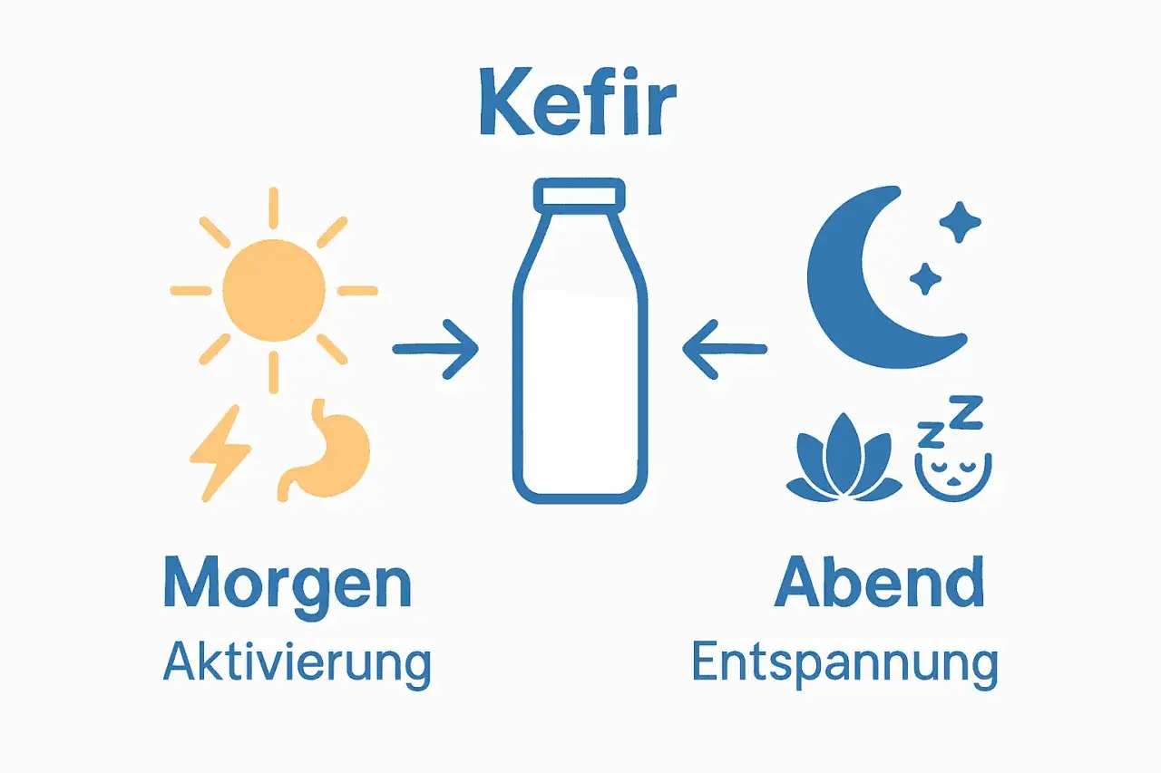 Kefir: Morgen f&uuml;r Aktivierung mit Sonne und Magen-Symbol, Abend f&uuml;r Entspannung mit Mond und Schlaf-Symbol. Ob Sie Kefir morgens oder abends trinken, er passt zu Ihrem Tag.