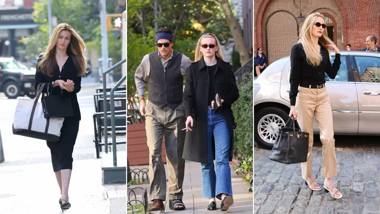 Drei Szenen im Carolyn Bessette-Kennedy Style: Frau in Schwarz, Paar in Vintage-Kleidung, Frau in Beige vor Limousine.