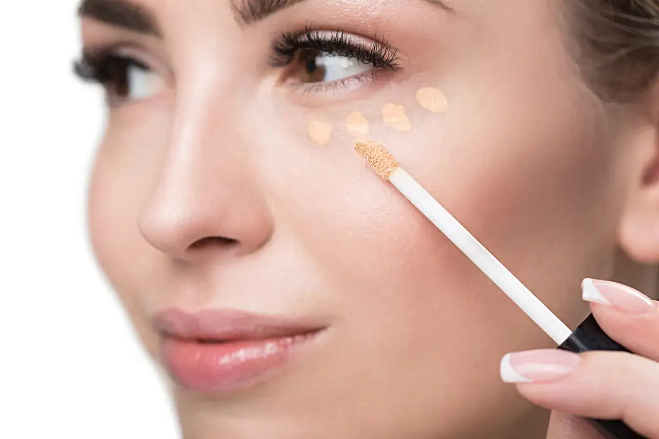 Frauen schminken Augenringe weg mit Concealer. Kleine Tupfer unter dem Auge werden mit dem Applikator aufgetragen.